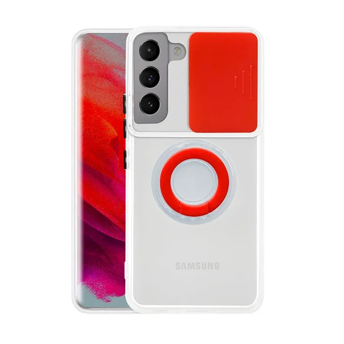 SM Galaxy S21 Plus - S30 Plus Kılıf Sürgülü Kamera Lens Korumalı Yüzük Standlı Silikon Kılıf-(5775)