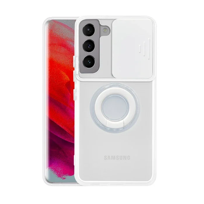 SM Galaxy S21 Plus - S30 Plus Kılıf Sürgülü Kamera Lens Korumalı Yüzük Standlı Silikon Kılıf-(5775)