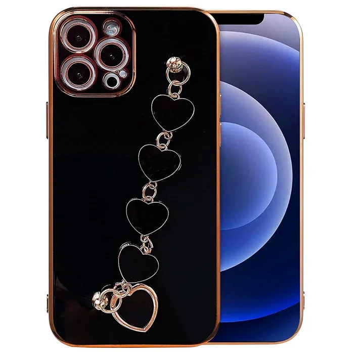 Ally iPhone 12 Pro 6.1inç Kılıf Kalp Bileklik Tutuculu Lüx Silikon Askılı Kılıf-(5775)