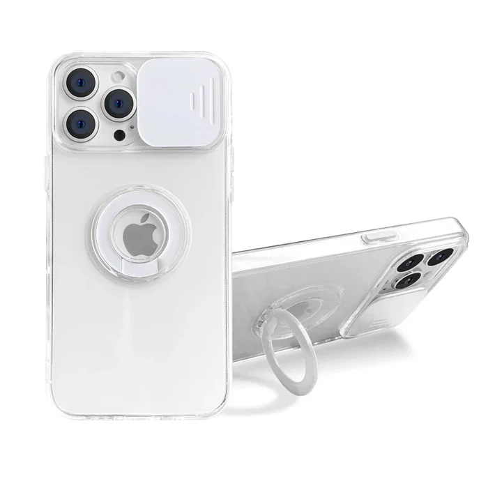 Ally iPhone 13 Pro 6.1 inç Kılıf Sürgülü Kamera Lens Korumalı Yüzük Standlı Silikon Kılıf-(5775)