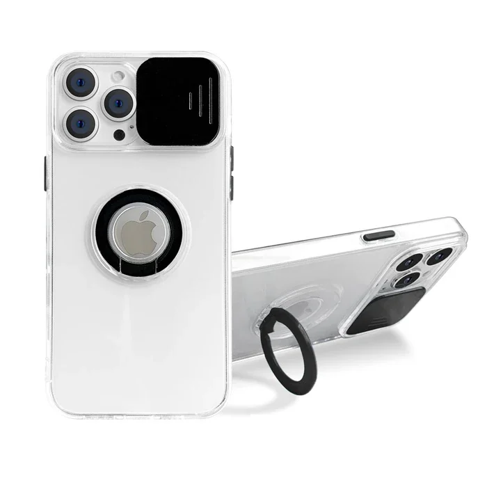 Ally iPhone 12 Pro Max Kılıf Sürgülü Kamera Lens Korumalı Yüzük Standlı Silikon Kılıf-(5775)