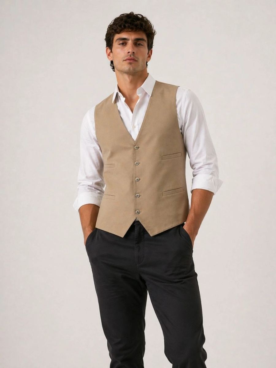 Erkek 6 Cepli Yelek İç Astarlı Sağ Sol İç Cepli Slim Fit Günlük Şık - Bej