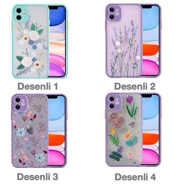 iPhone 12 6.1inç Kamera Korumalı Çiçek Desenli Silikon Kılıf-(5775)