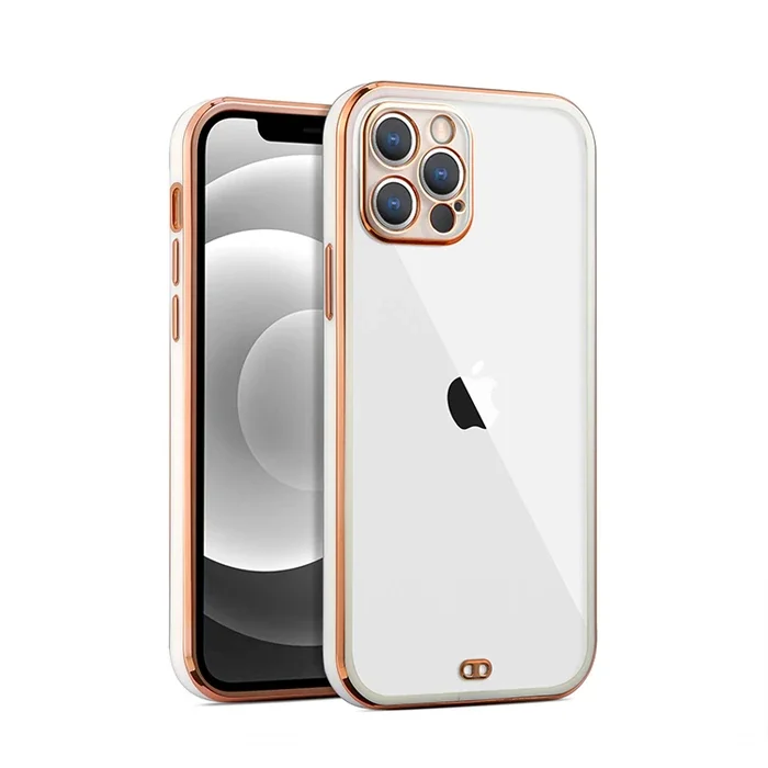 iPhone 12 Pro 6.1inç Gold Çerçeve Kamera Korumalı Bumper Kılıf-(5775)