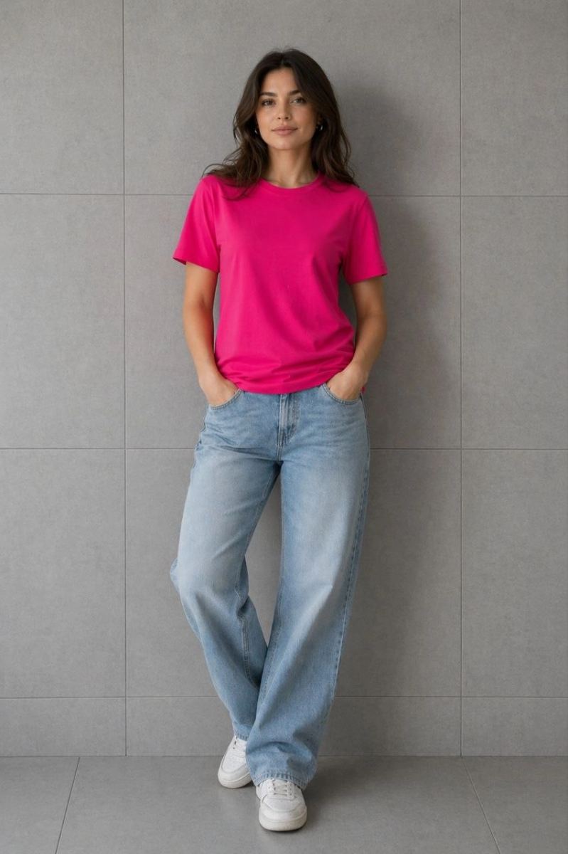 Kadın Basic Pamuklu Tişört Bisiklet Yaka Düz Renk Relaxed Fit T-Shirt - Fuşya