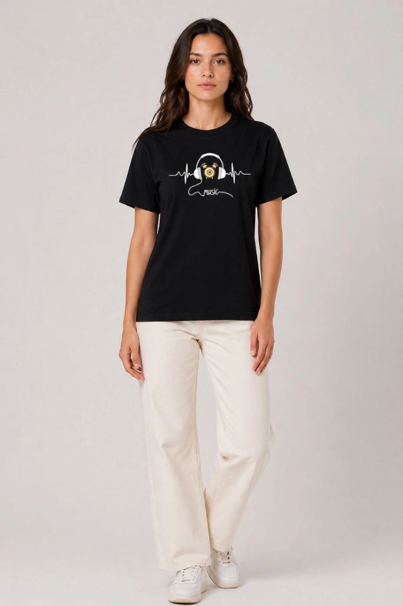 Kadın Müzik Temalı Baskılı Tişört Bisiklet Yaka Kısa Kol T-Shirt - Siyah
