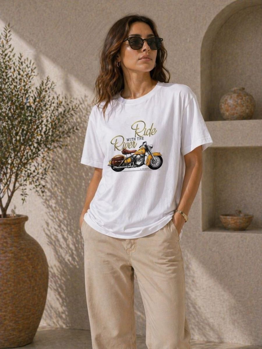 Kadın Motosiklet Baskılı Tişört Bisiklet Yaka Kısa Kol Yazlık T-Shirt - Beyaz