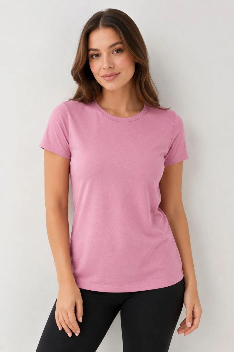 Kadın Basic Tişört Bisiklet Yaka Kısa Kol Günlük Yazlık Slim fit T-Shirt - Pembe