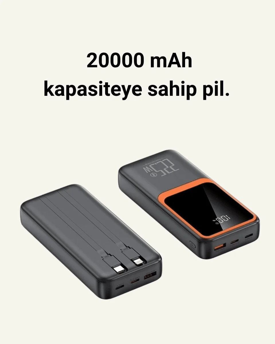 20000 mAh Taşınabilir Powerbank | Çok Kablolu Hızlı Şarj Destekli (22.5W)