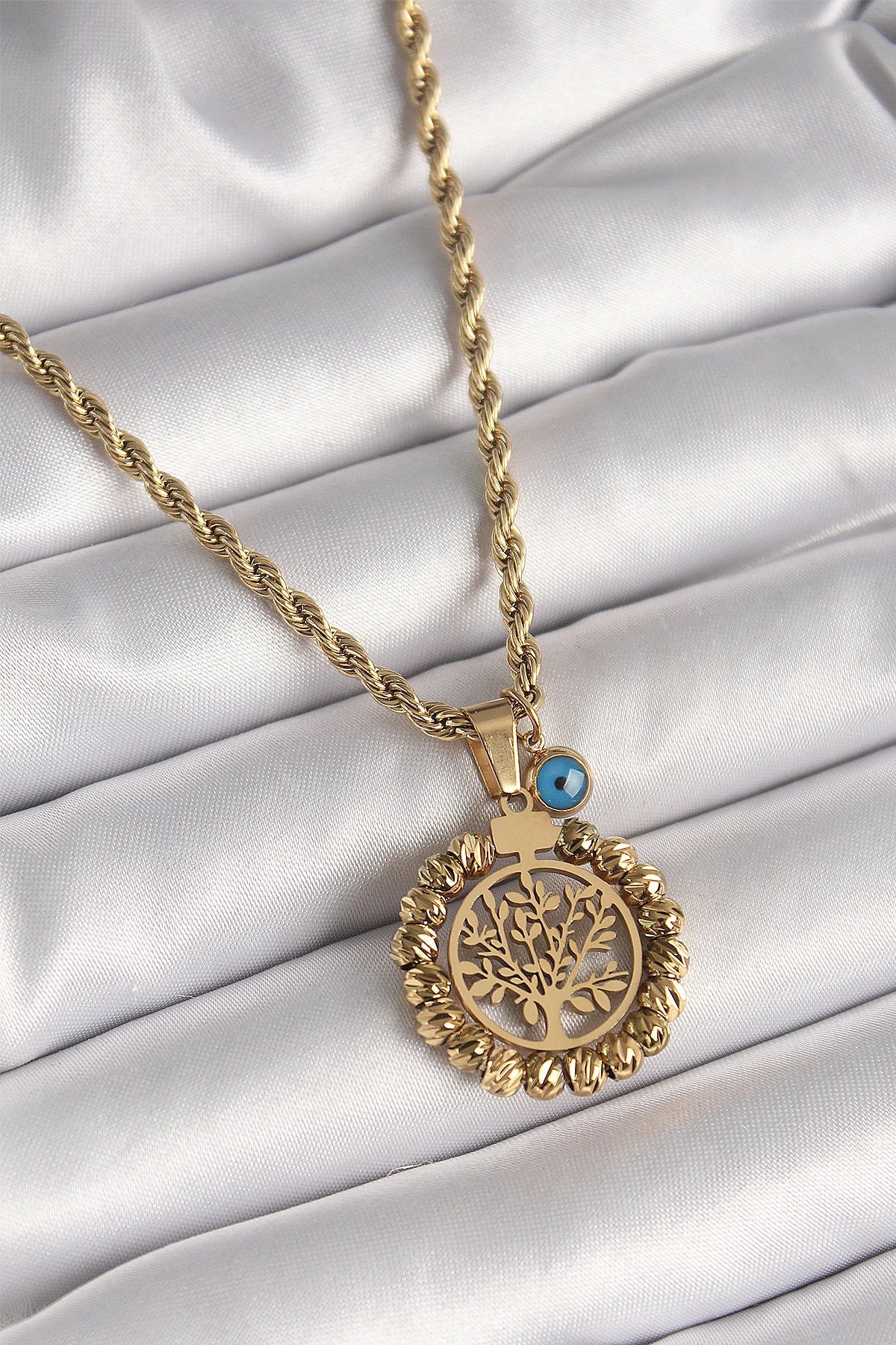 316L Çelik Gold Renk Burgu Zincir Dorika Yaşam Ağacı Figür Nazar Boncuk Detay Kadın Kolye