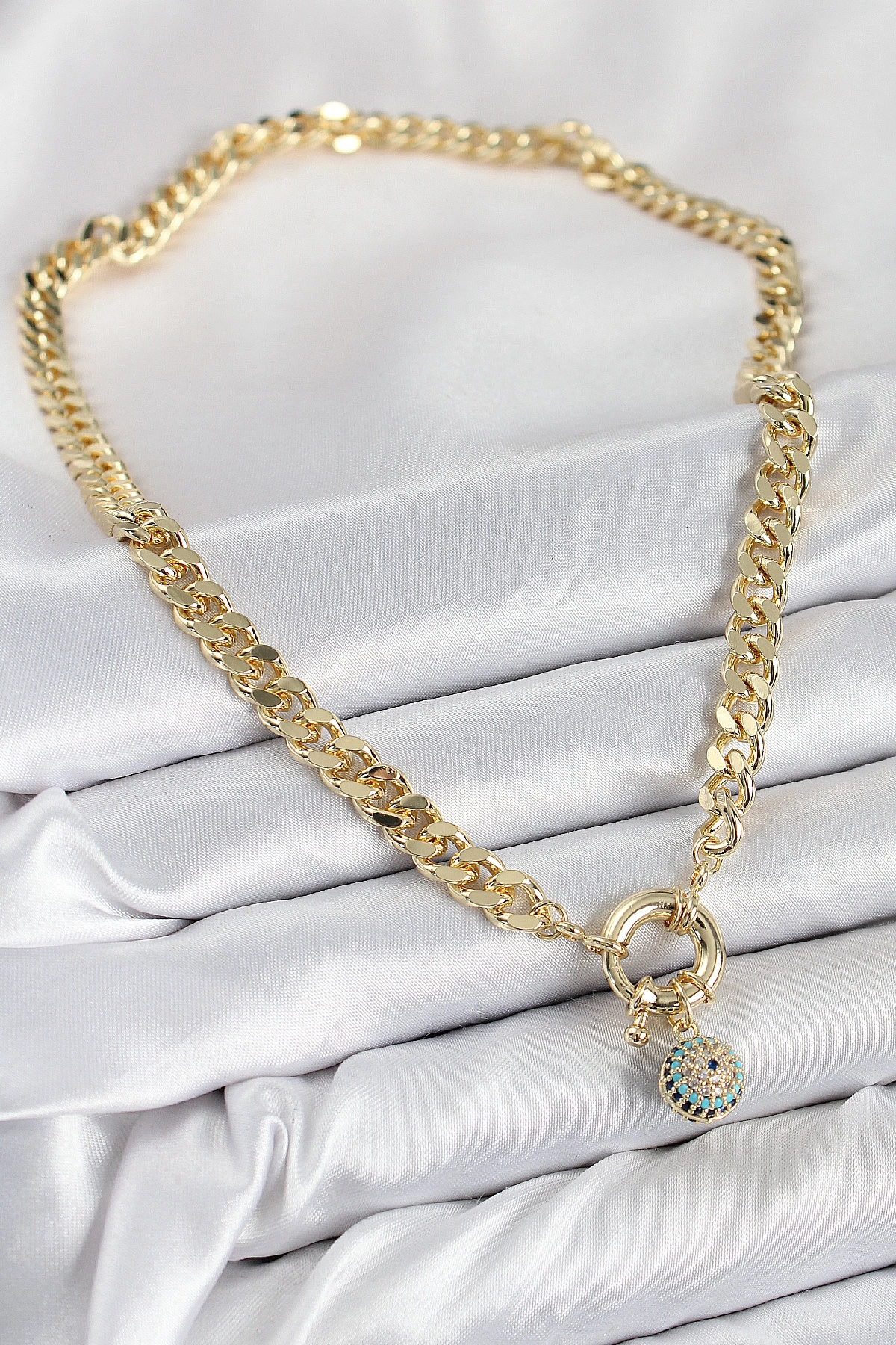 Pirinç Zirkon Taşlı Nazar Boncuk Detaylı Klasik Zincir Model Gold Renk Kadın Kolye