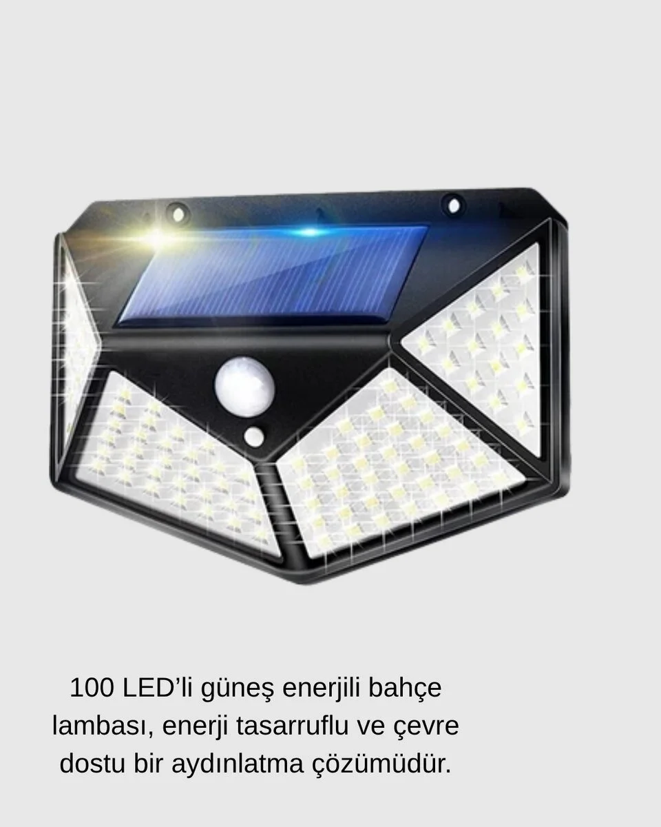 Güneş Enerjili 100 LED Dış Mekan Lamba – Hareket Sensörlü 2200mAh Bataryalı Solar Aydınlatma