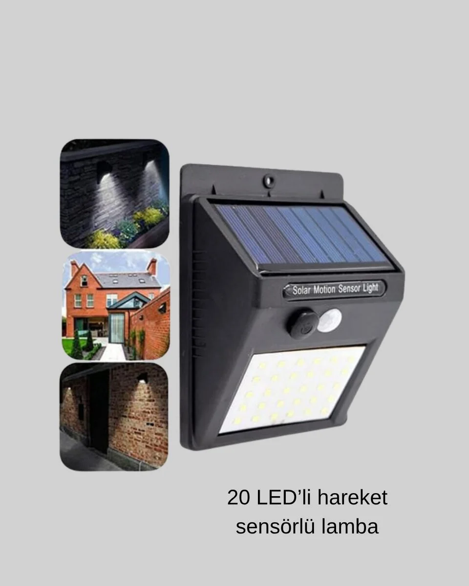 20 LED Güneş Paneli Aydınlatma – Fotoselli ve Hareket Algılamalı Dış Mekan Duvar Lambası