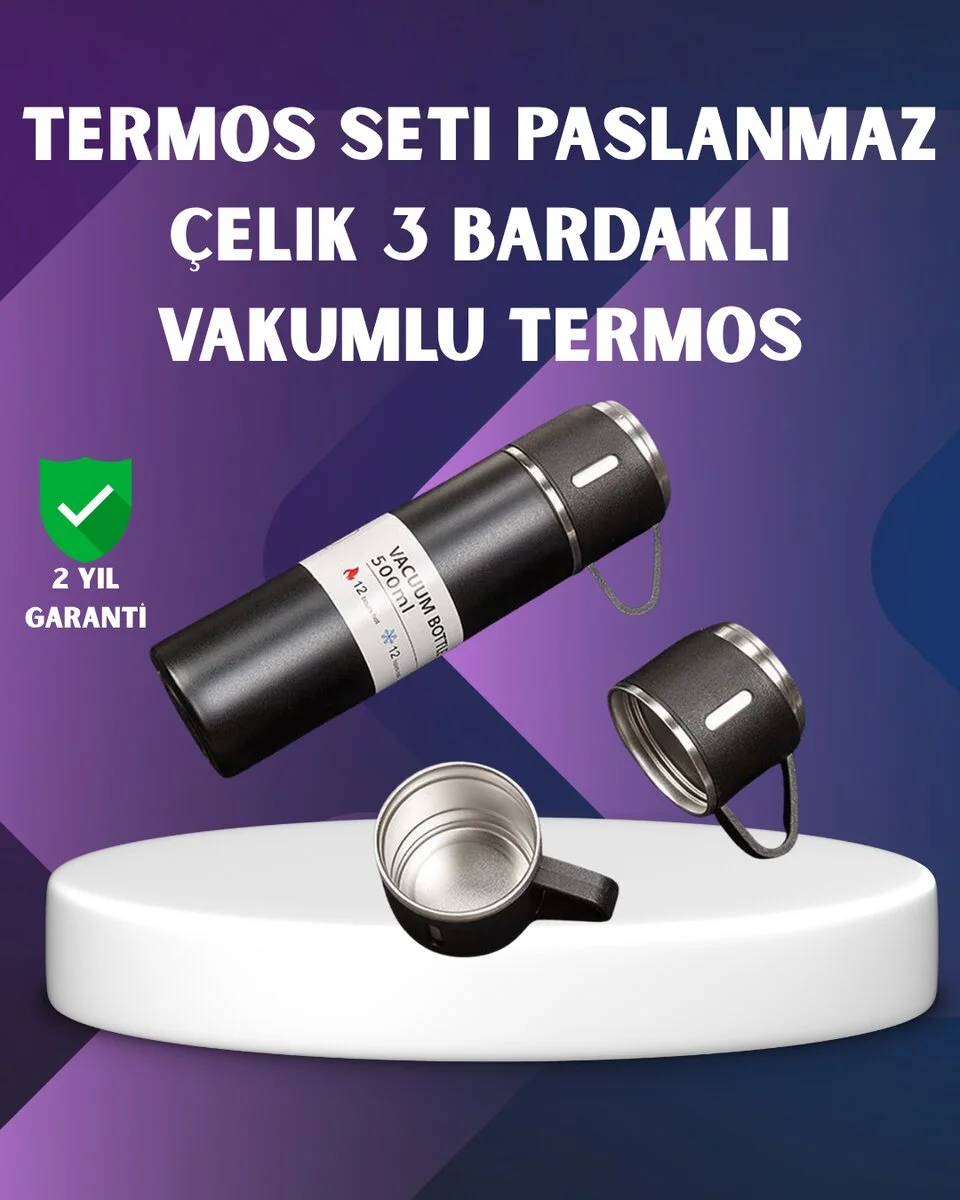Paslanmaz Termos ve İkili Bardak Seti | 6-12 Saat Sıcak/Soğuk Tutma