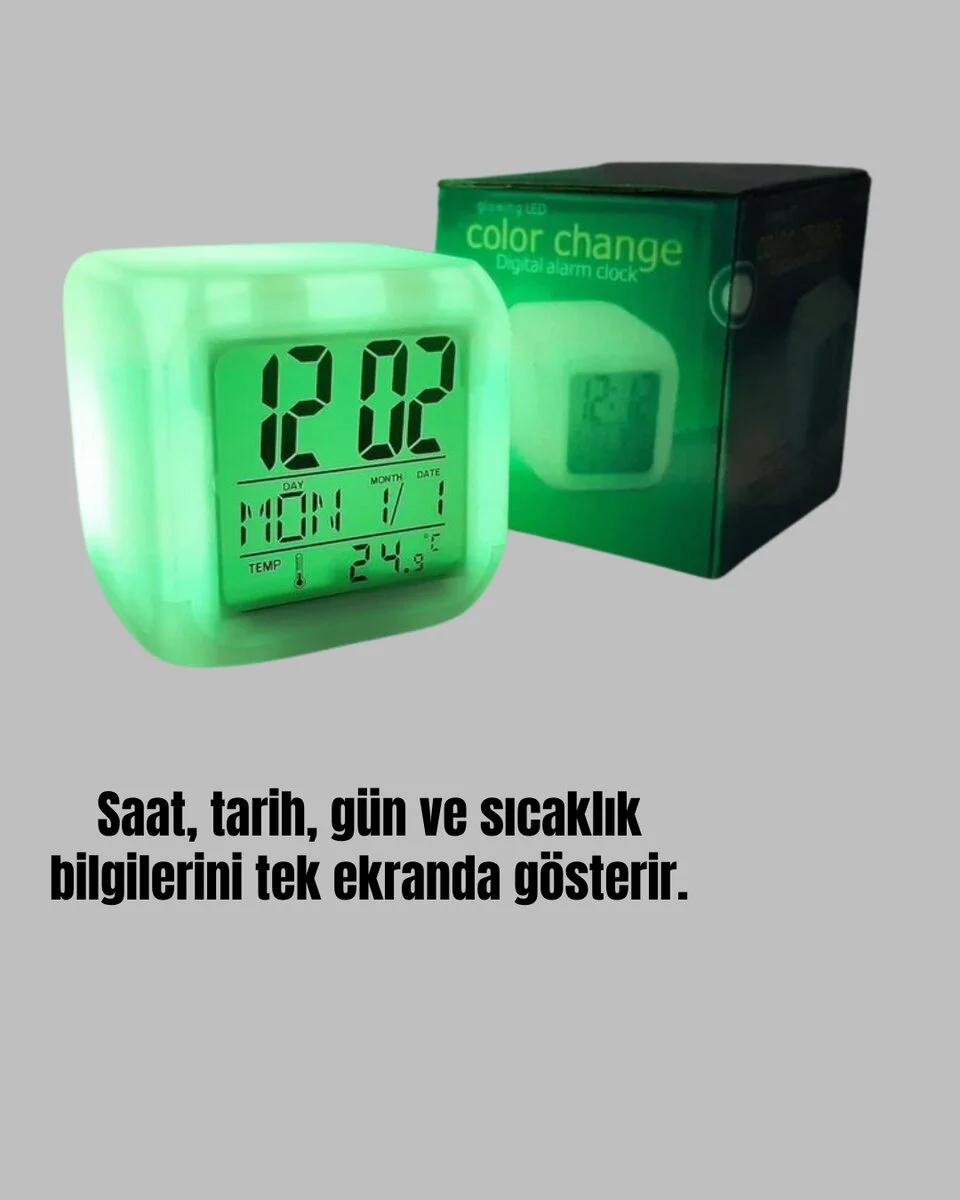 Renk Değiştiren LED Alarmlı Dijital Küp Masa Saati