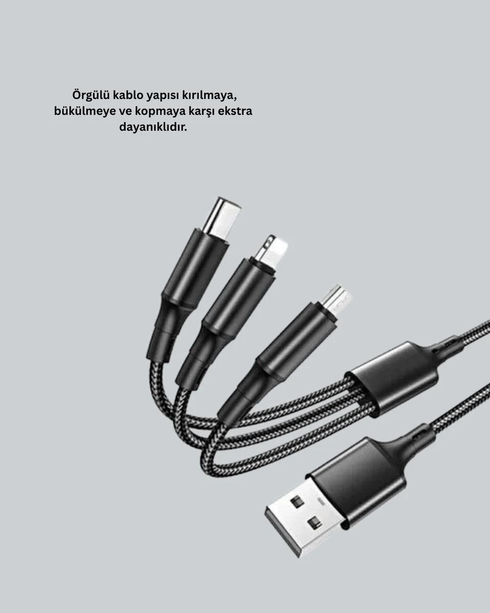 3’ü 1 Arada Hızlı Şarj Kablosu – iOS Android Type-C Uyumlu