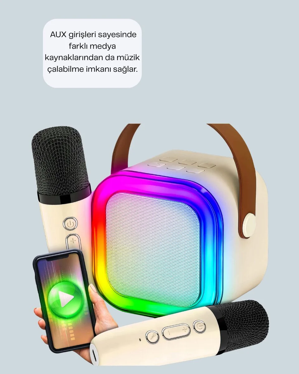 Kablosuz Karaoke Hoparlör – Çift Mikrofon ve LED Işıklı