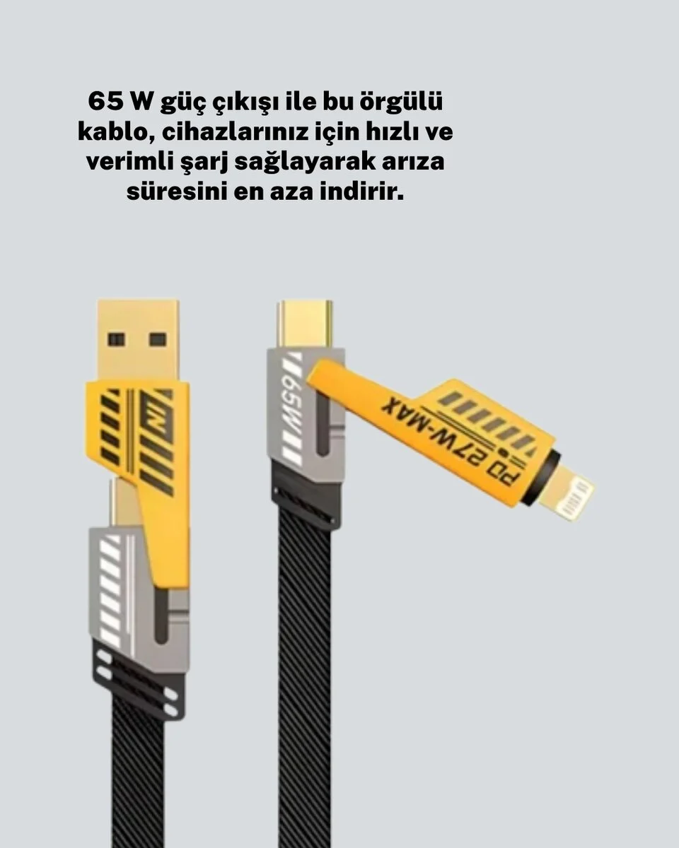 Hızlı Şarj Destekli 65W Örgülü USB-C ve USB-A Çoklu Şarj Kablosu