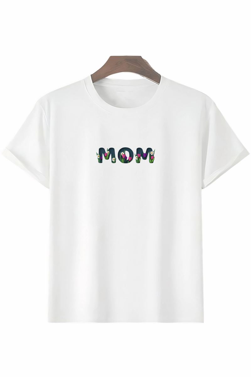 Anneler Günü Hediye Mom Çiçek Baskılı Oversize Bisiklet Yaka T-shirt - Beyaz