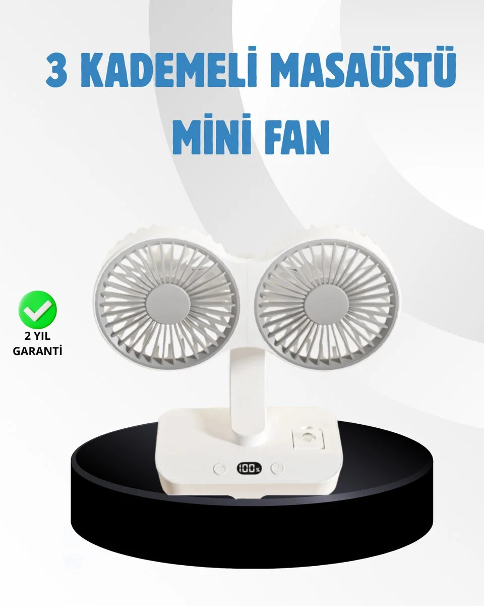 Sessiz Çalışan USB Şarjlı Çift Kafalı Masaüstü Fan – Ev ve Ofis İçin