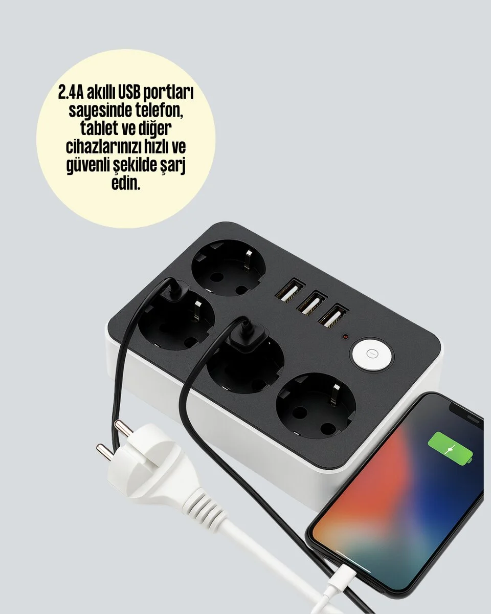 4.1A Hızlı Şarjlı Akım Korumalı 4 Priz ve 3 USB Çıkışlı Priz