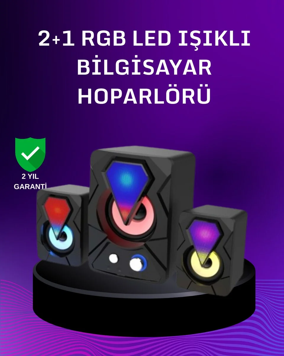 USB Bağlantılı RGB 2.1 Hoparlör Seti Derin Bas ve Renkli Işık