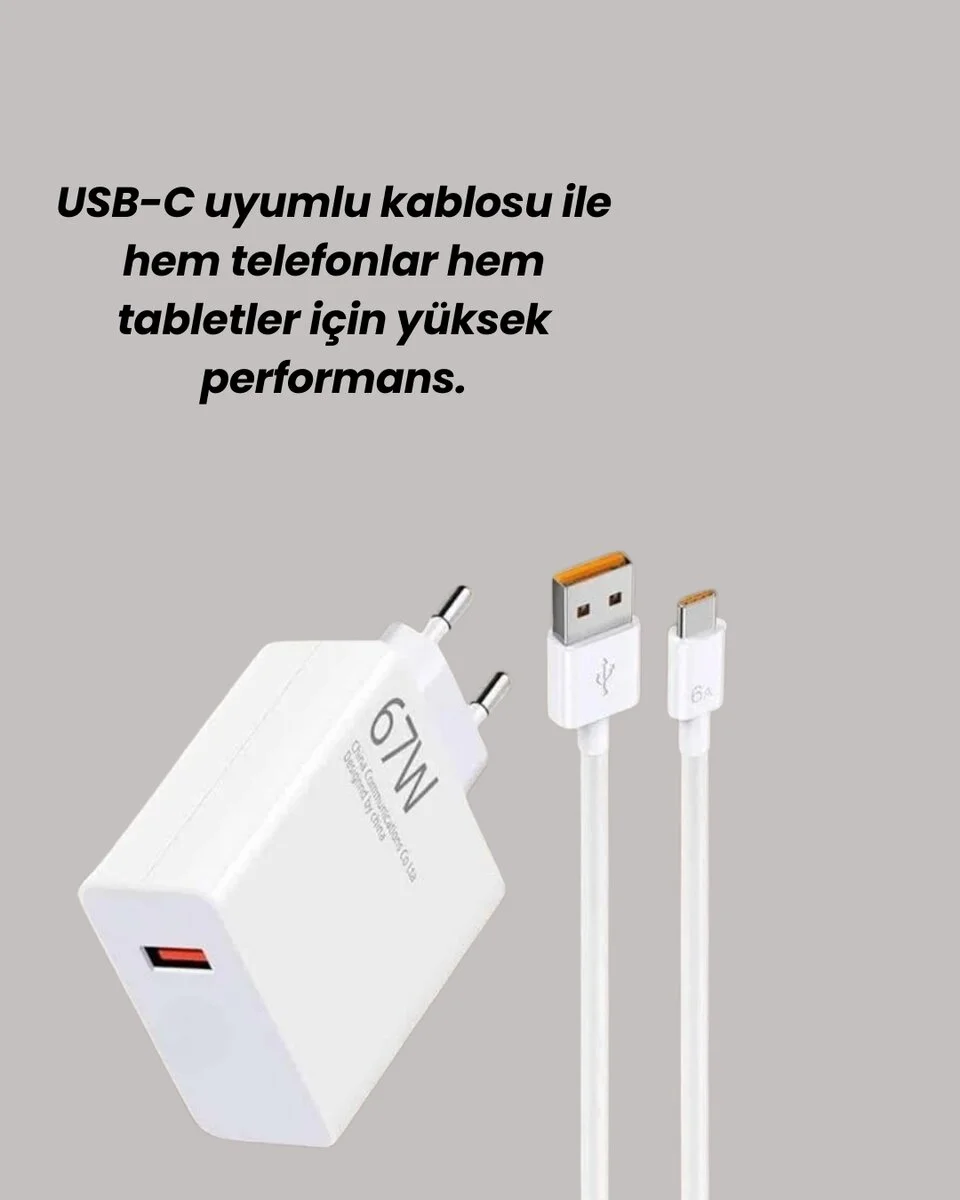 67W Turbo Hızlı Şarj Adaptörü ve Type-C Kablo Güvenli Şarj Teknolojisi