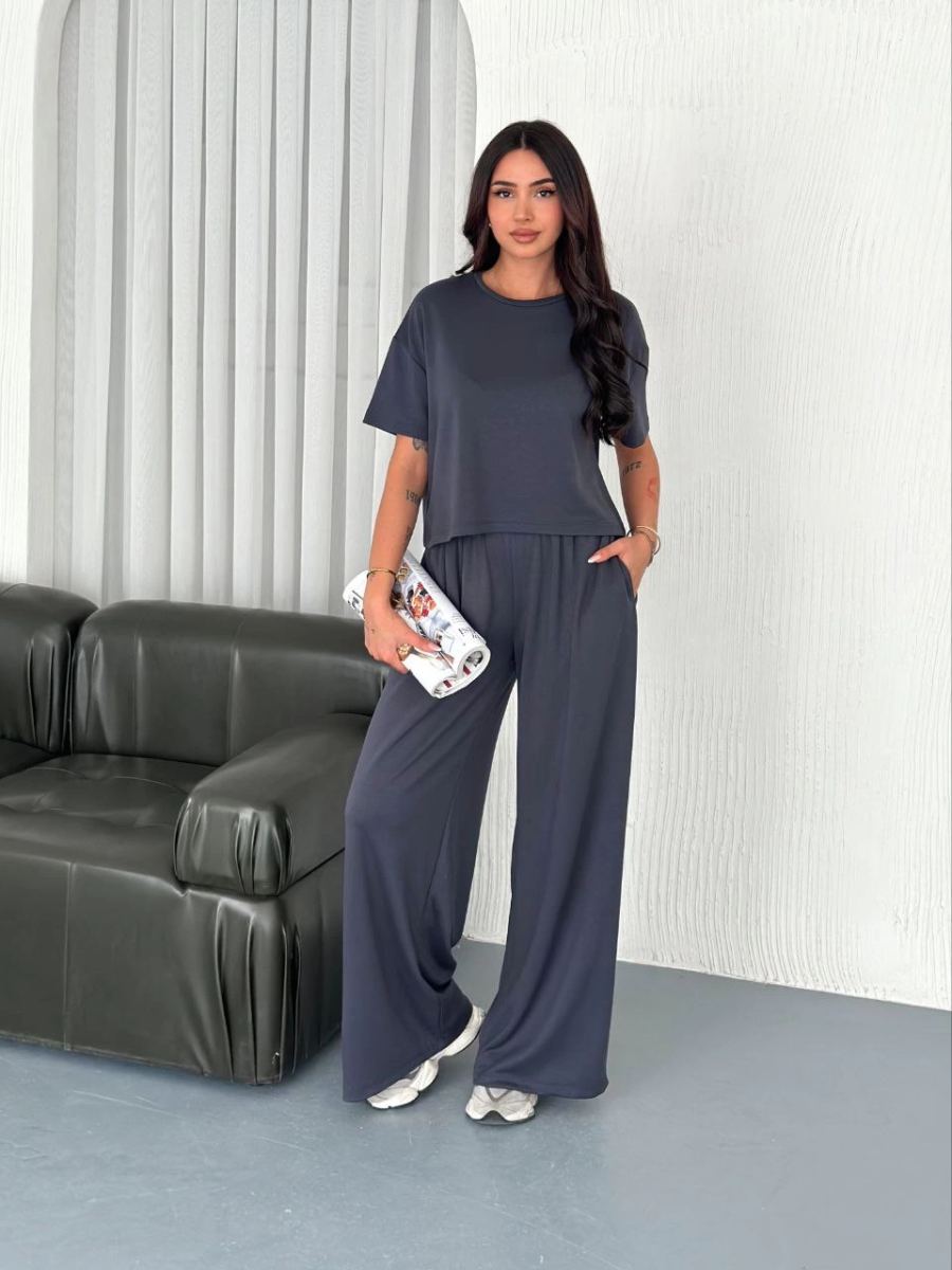 Kadın Osy Modal Yumuşak Dokulu Kumaş Bisiklet Yaka T-shirt Bol paça Pantalon ikili Takım -Antrasit