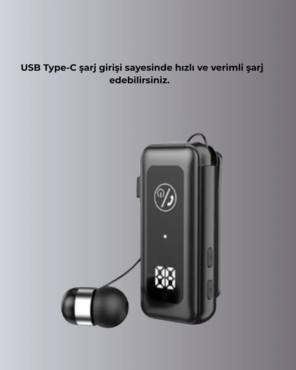 İçi Sarılabilen Kablo ve Yaka Klipsli Bluetooth Kulaklık