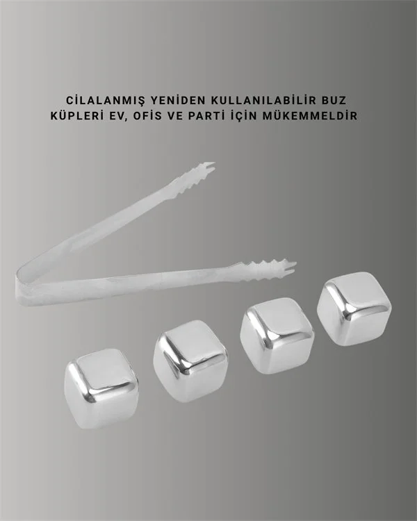 Paslanmaz Çelikten Üretilmiş Metal Buz Küpü Seti ve Buz Klipsi