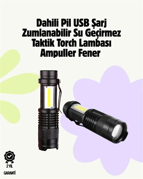 2000 Lümen LED El Feneri - Suya Dayanıklı Odaklı Klipsli