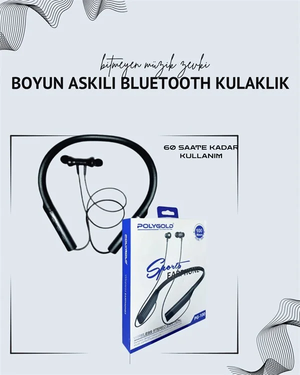Polygold PG-100 Boyun Askılı Kablosuz Kulaklık – 200 Saat Bekleme Süresi Stereo Ses Mikrofonlu