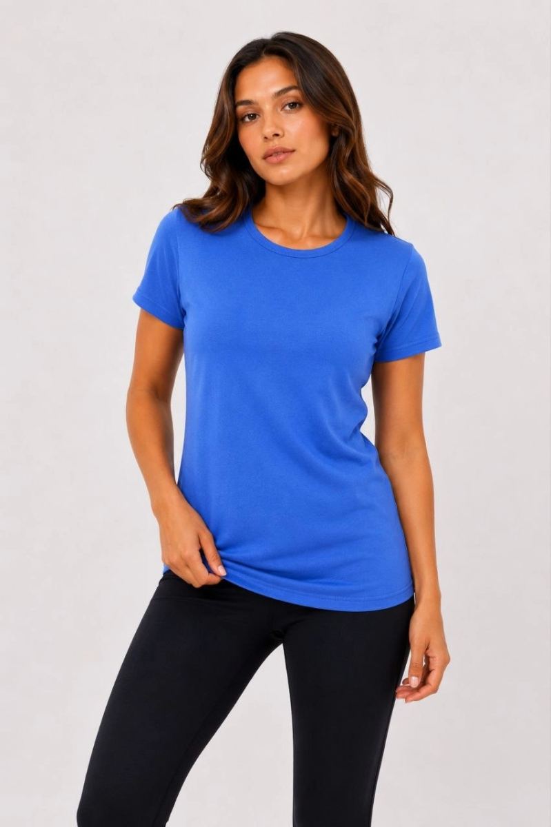 Kadın Basic Bisiklet Yaka Yazlık Slim fit T-Shirt - Mavi & Hardal Sarısı