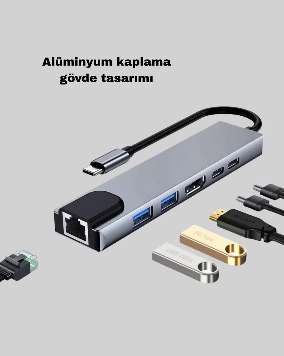 Alüminyum Kasalı MacBook USB-C Hub – 4K HDMI USB 3.0 SD/TF Kart Girişi PD Şarj Desteği