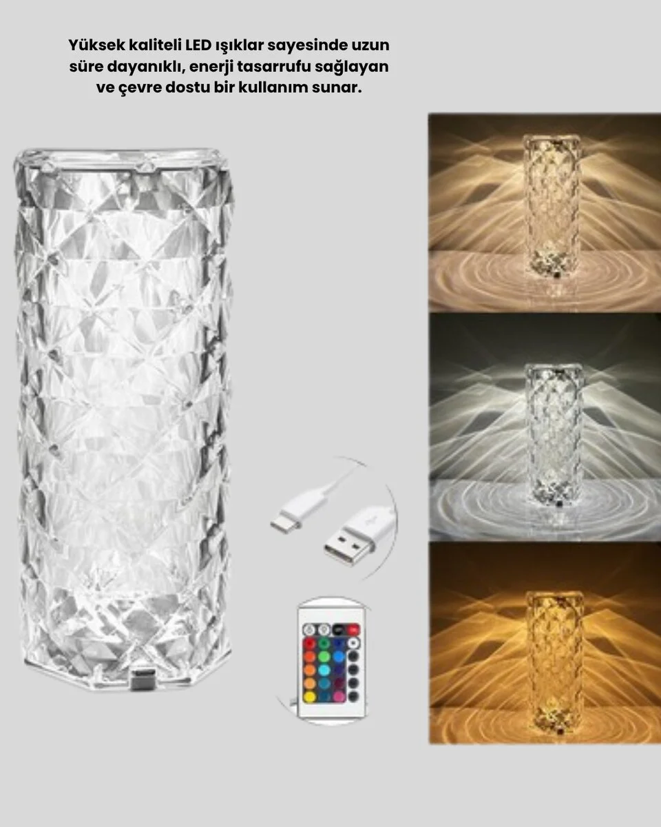 Kristal RGB LED Masa Lambası – Renkli Kumandalı Işık Dekoratif ve Enerji Tasarruflu