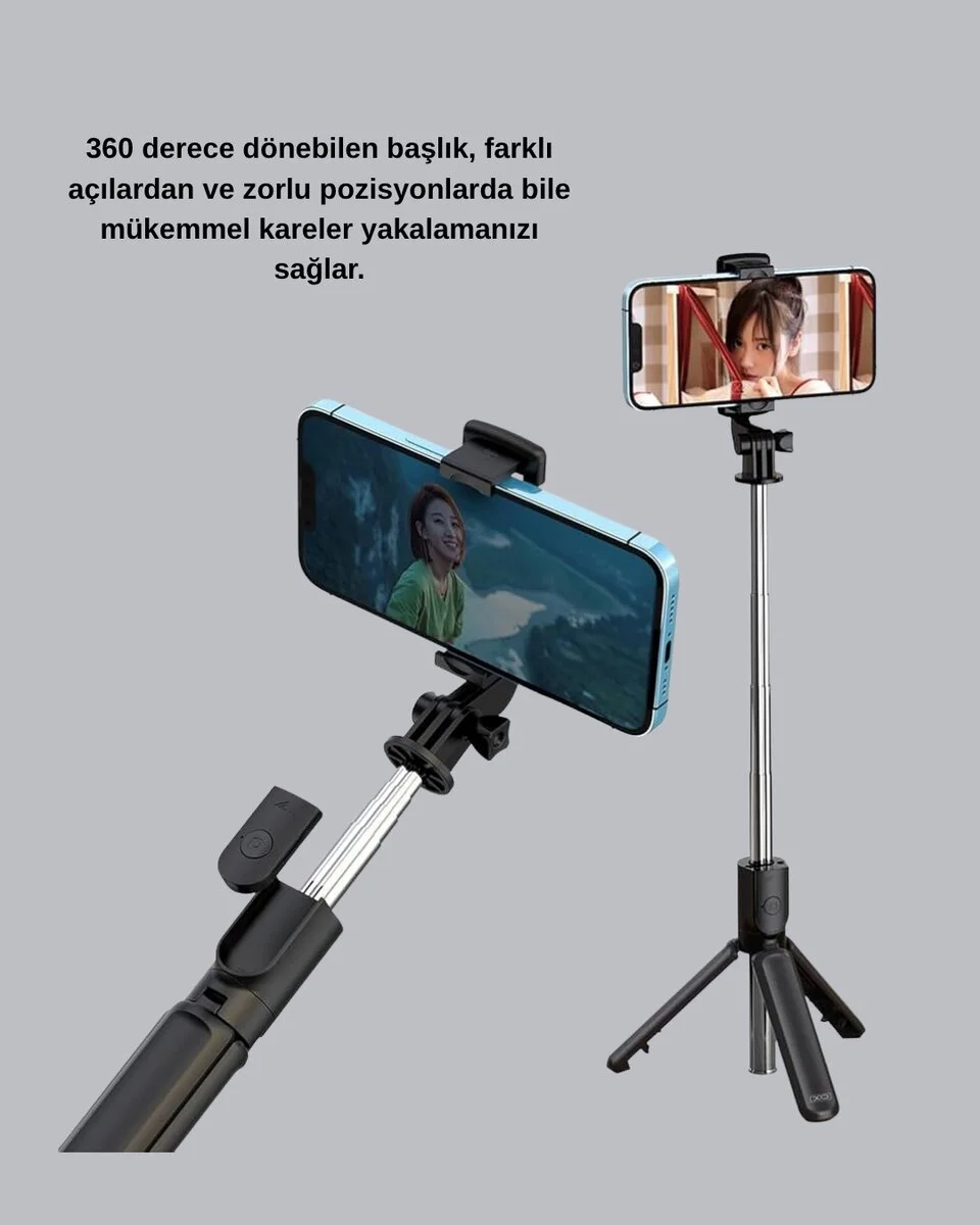 Bluetooth Selfie Çubuğu – 360° Dönebilen Başlık Kablosuz Bağlantı