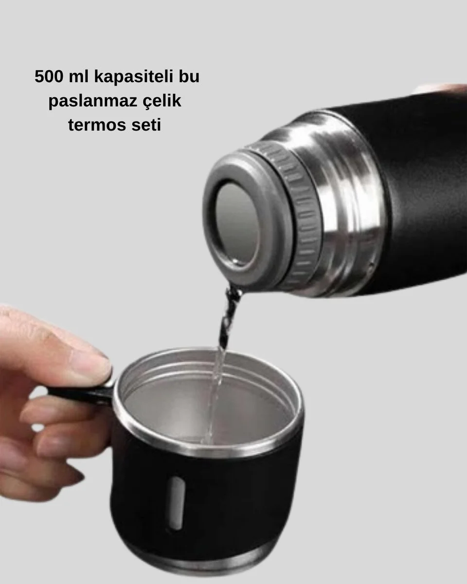 500 ml Paslanmaz Çelik Termos Seti – Sızdırmaz Vakumlu Isı Koruma Özellikli Taşınabilir Termos