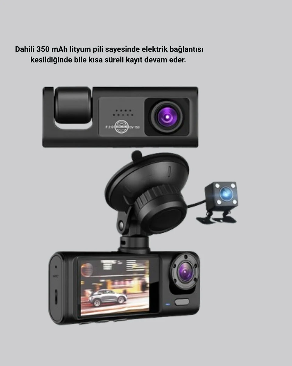Üç Kameralı Araç İçi Kayıt Sistemi Full HD Gece Görüşlü ve G-Sensör Destekli