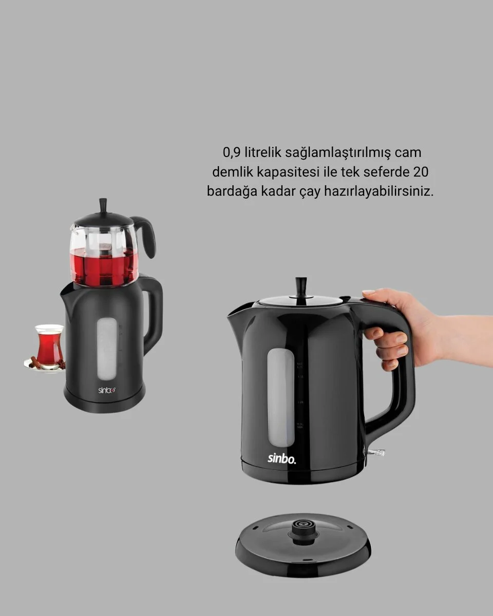 Sinbo Elektrikli Çay Makinesi 1.7 L Su Isıtıcı ve Cam Demlikli Güvenli Kullanım