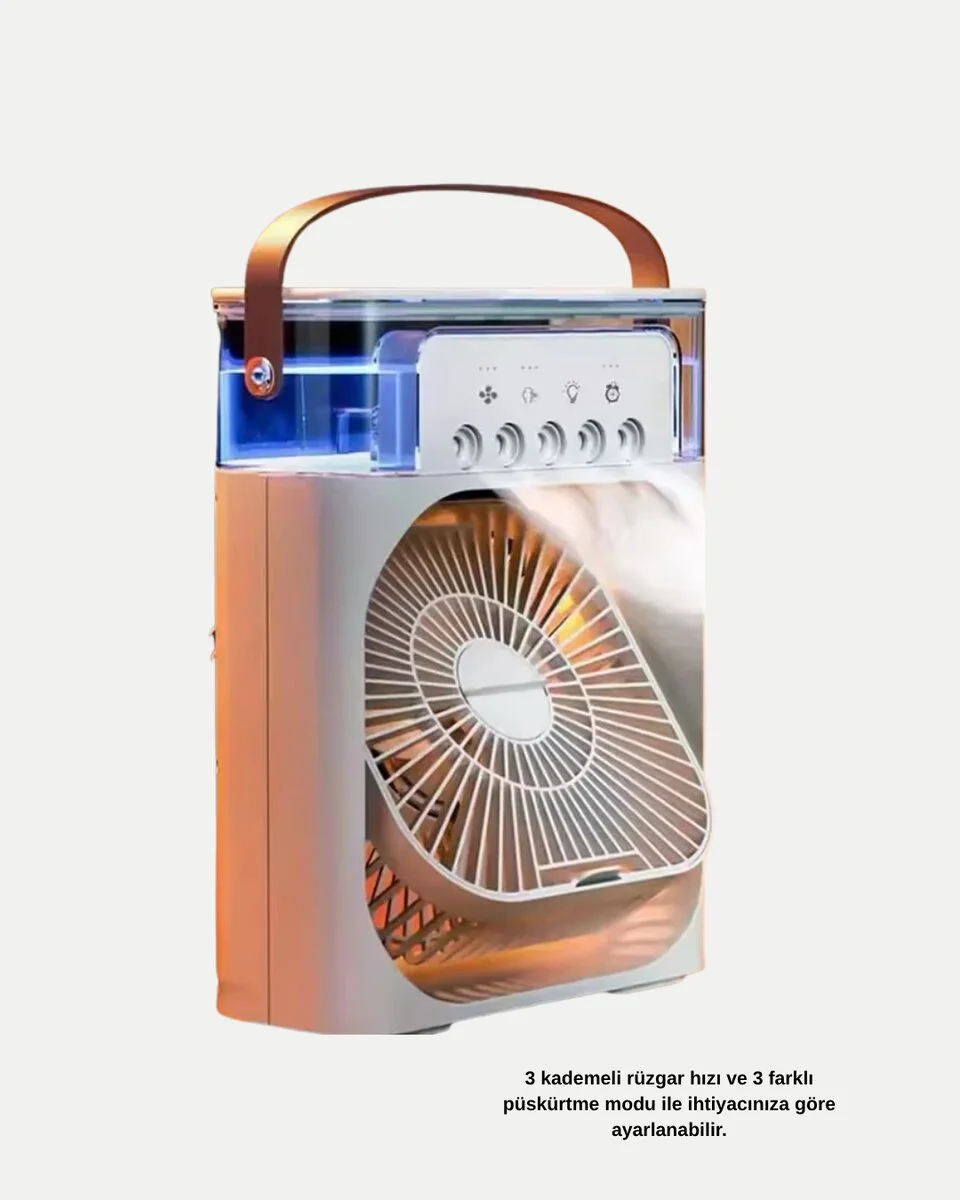 3’ü 1 Arada Mini Klima Fan USB Şarjlı 7 Renk Gece Lambalı ve Nemlendirici