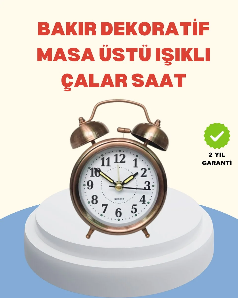 Metal Bronz Nostaljik Masa Saati Alarmlı Büyük Boy Sessiz Mekanizmalı
