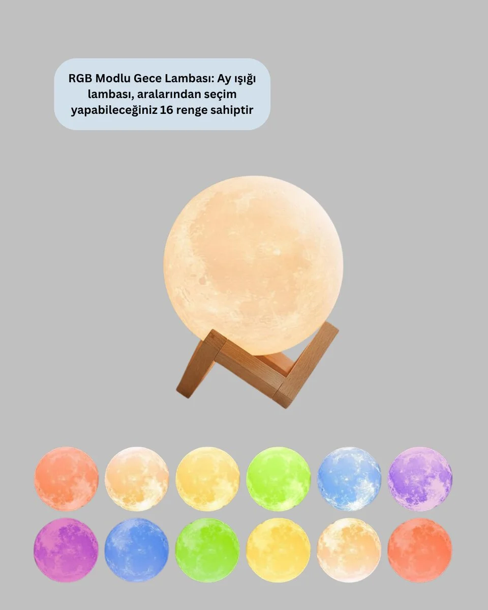 RGB Modlu 16 Renkli Ay Gece Lambası 3D Baskı ve Uzaktan Kumanda Özellikli