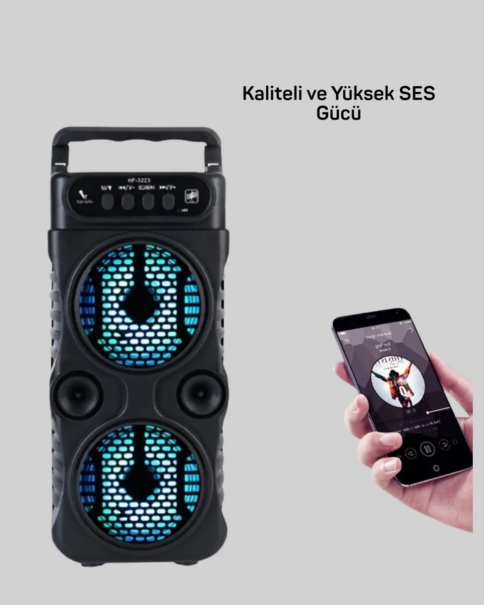 Bluetooth Bağlantılı Taşınabilir Hoparlör – LED Işıklı FM Radyolu Mikrofon Girişli