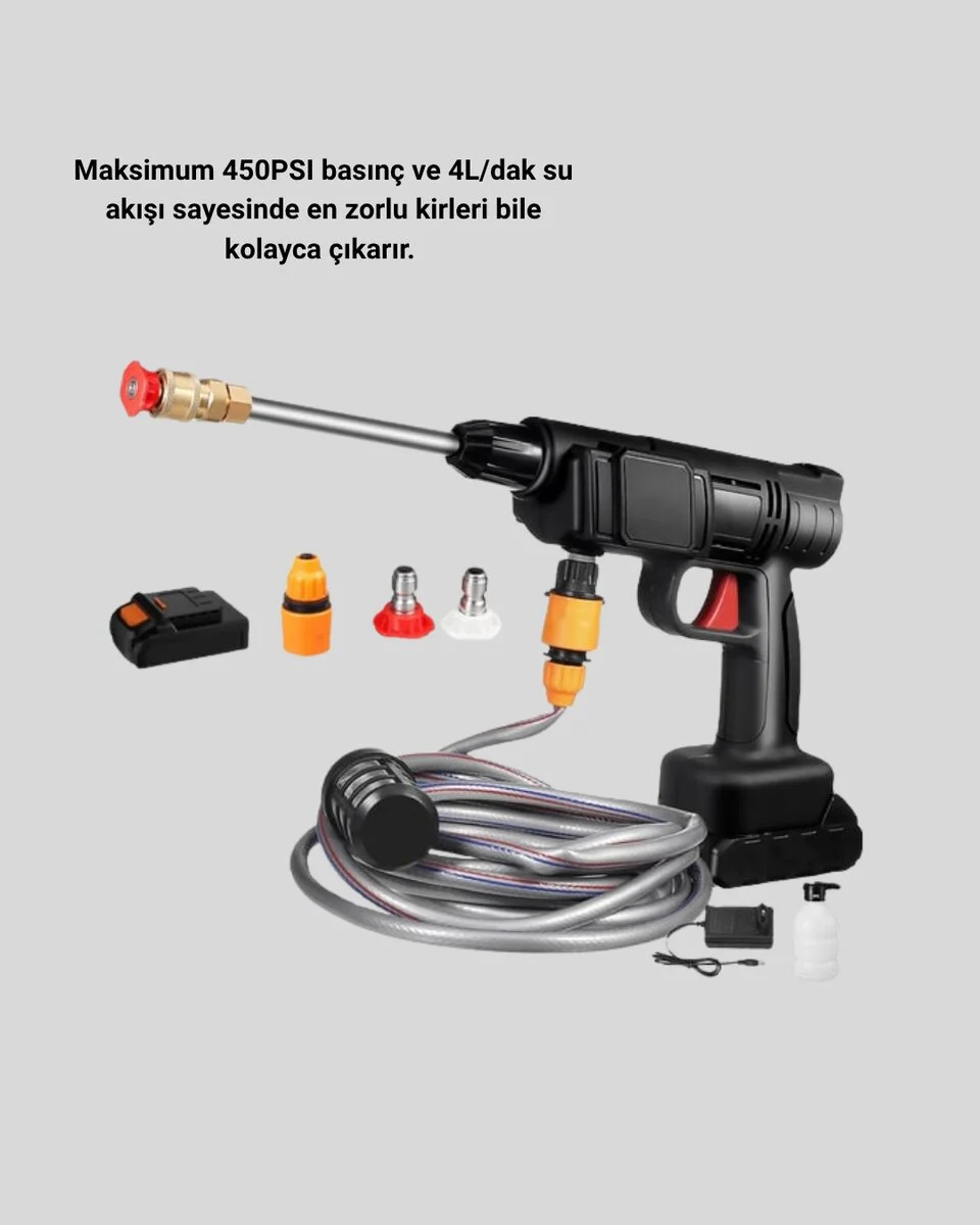 Kablosuz Basınçlı Yıkama Makinesi – 48V Güçlü Motor 2 Pil ve Köpük Hazneli