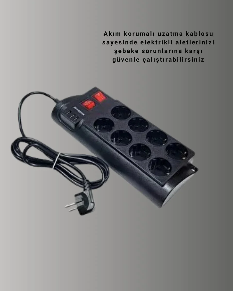 Akım Korumalı 8’li Priz 3 USB’li Uzatma Kablosu Isıya Dayanıklı 2 Metre