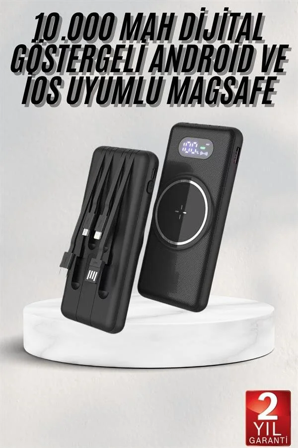 Wireless Powerbank 10000 Mah LED Ekranlı Dahili Kablolu Hızlı Şarj