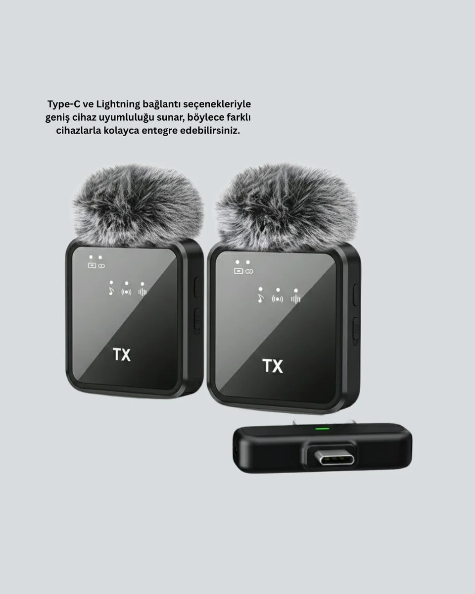 2’li Kablosuz Yaka Mikrofonu Type-C ve Lightning Uyumlu Profesyonel Set