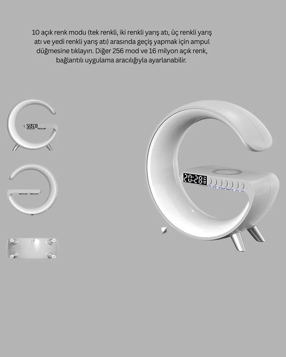 Bluetooth Hoparlörlü RGB Atmosfer Lambası Kablosuz Şarj ve Saat Özellikli