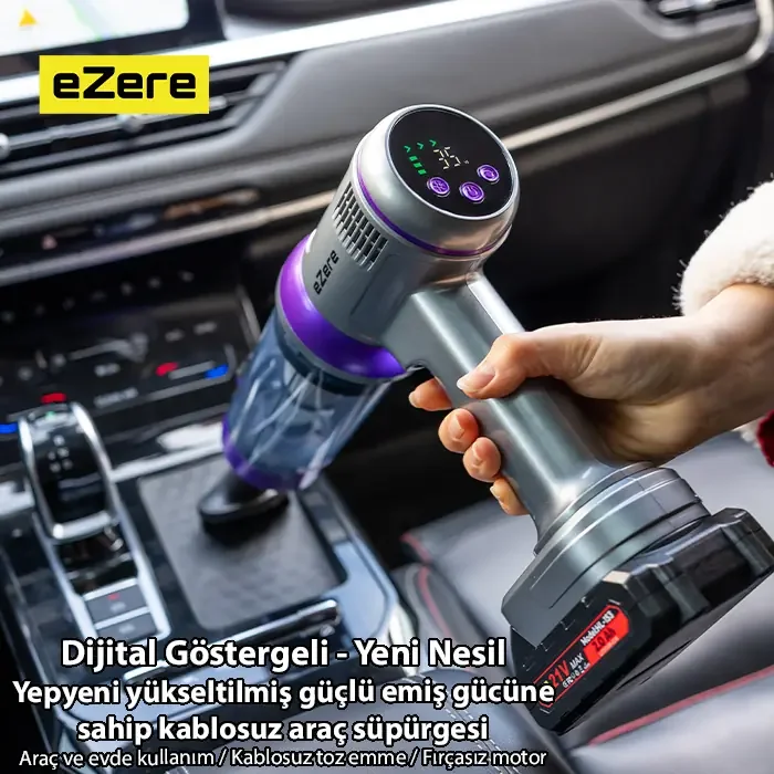 Ezere Powerstorm Kablosuz El Süpürgesi 20000Pa Çekim Gücü 3 Kademeli HEPA Filtre 21V 2.0Ah Batarya-(5775)
