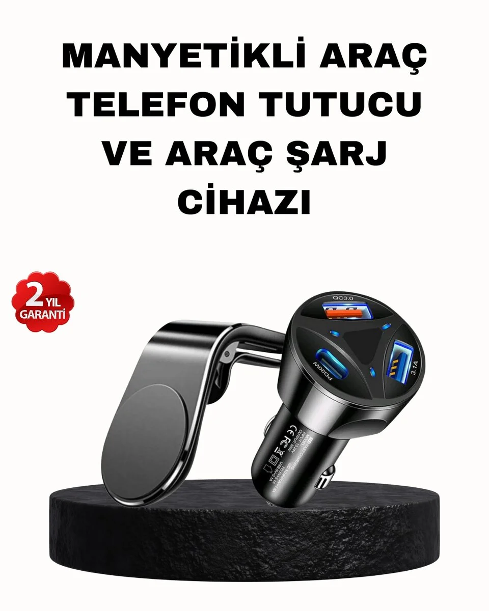 Manyetik Araç Telefon Tutucu ve Hızlı Şarj Adaptörü 2’li Set
